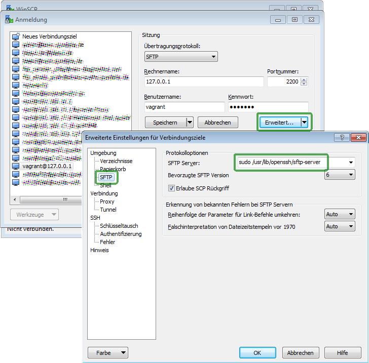 Screenshot von WinSCP-Einstellungen